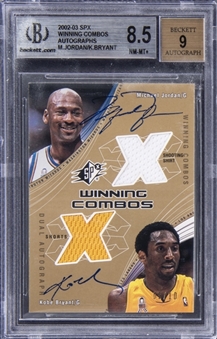 2002-03 Upper Deck SPX "Winning Combos" Michael Jordan & Kobe Bryant Signed Dual Game Used Patch Card (#5/10) - BGS NM-MT+ 8.5/BGS 9 - POP 1